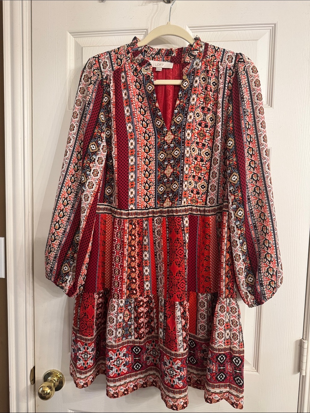 LOFT Red Multi-Print Tiered Long-Sleeve Mini Dress